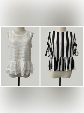 lot of 2 peplum blouses ana white eyelet + Zara navy/white striped EUC - size M